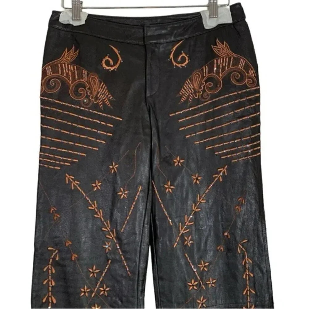 NEW Mandalay Leather Embroidered Wide Straight Leg Pants Size 6 - Picture 3 of 10